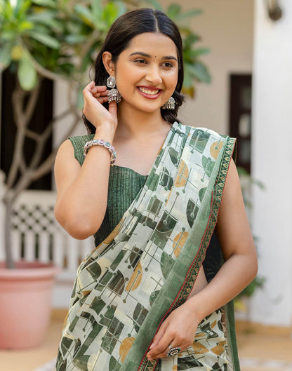 Dusty Pista Green Georgette Printed Lace Saree