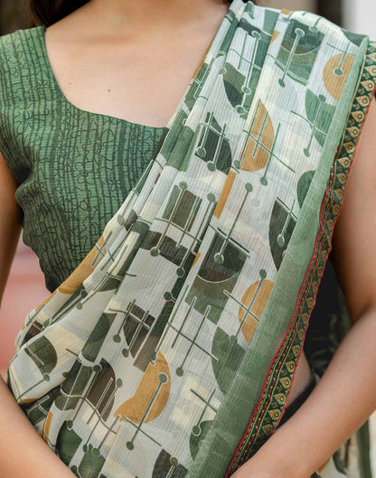 Dusty Pista Green Georgette Printed Lace Saree