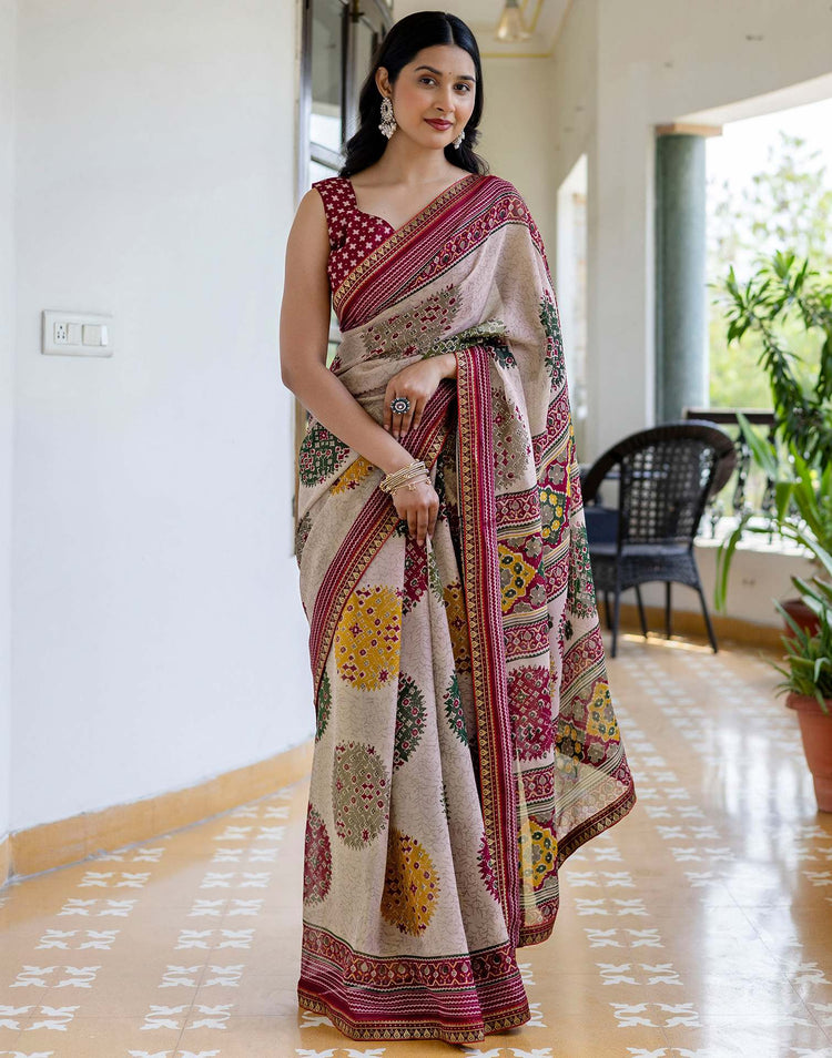 Dusty Beige Georgette Printed Lace Saree