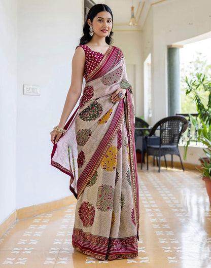 Dusty Beige Georgette Printed Lace Saree