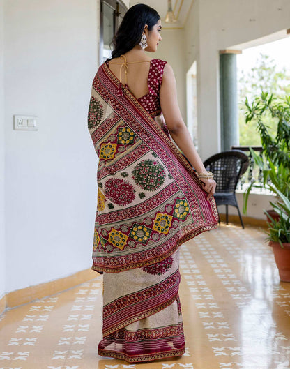 Dusty Beige Georgette Printed Lace Saree