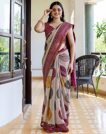 Dusty Beige Georgette Printed Lace Saree