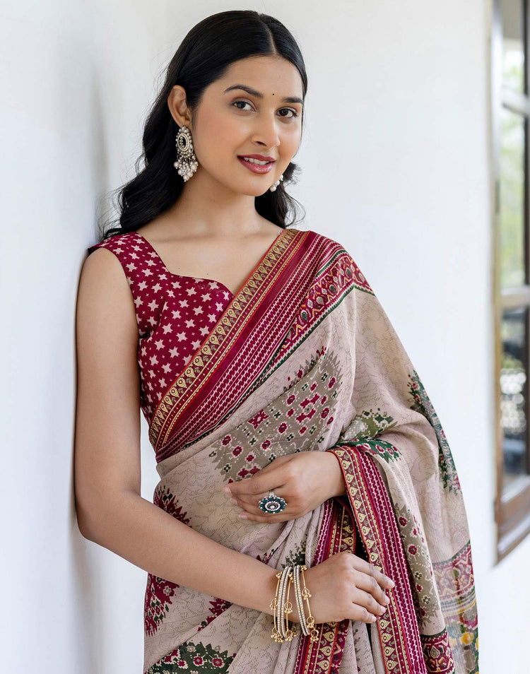 Dusty Beige Georgette Printed Lace Saree