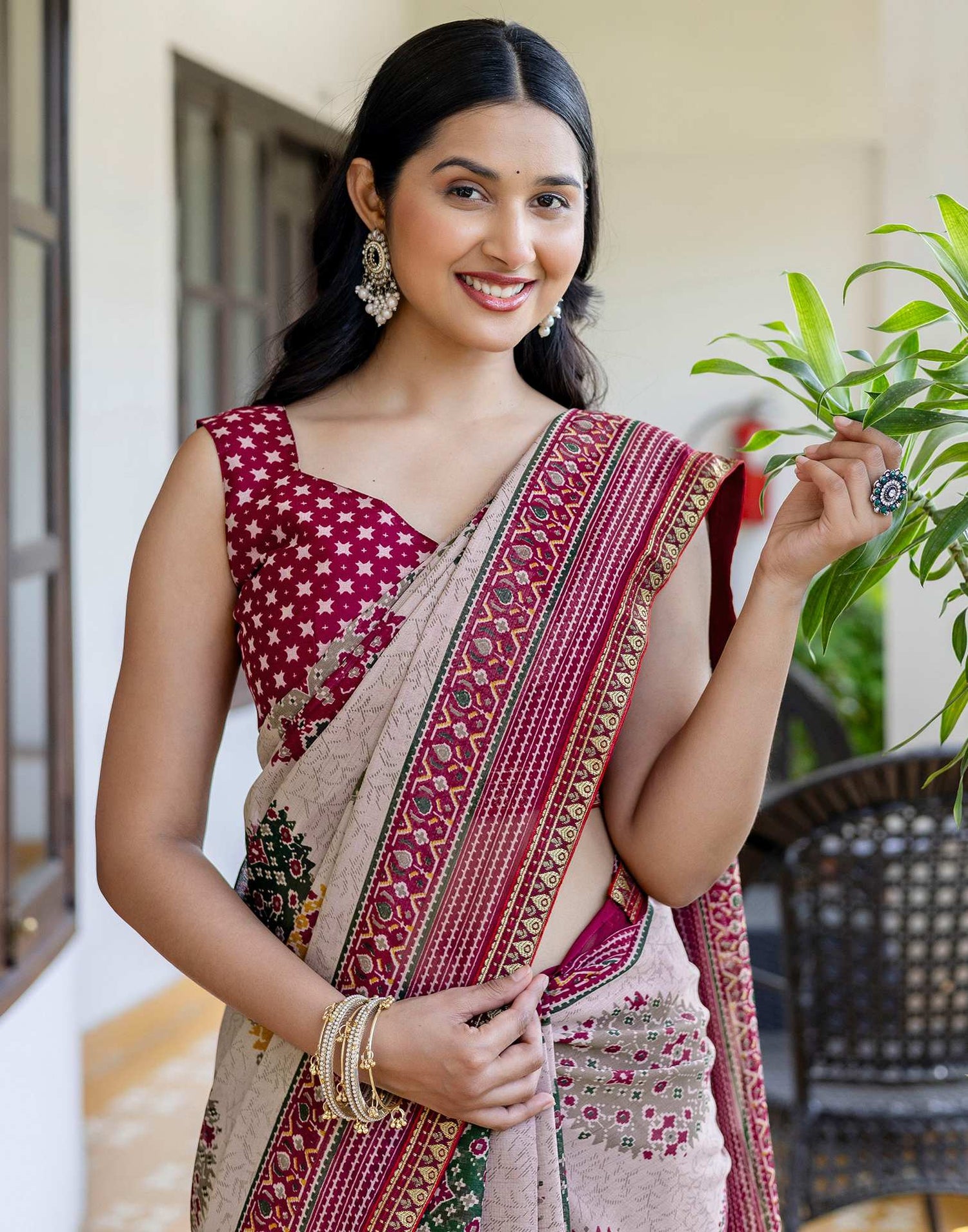 Dusty Beige Georgette Printed Lace Saree