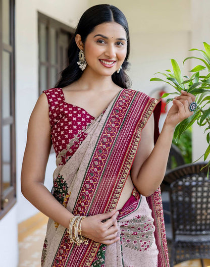 Dusty Beige Georgette Printed Lace Saree