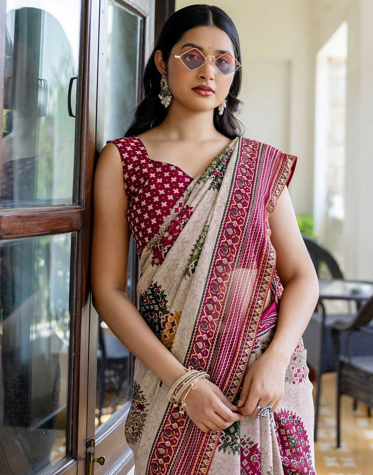 Dusty Beige Georgette Printed Lace Saree