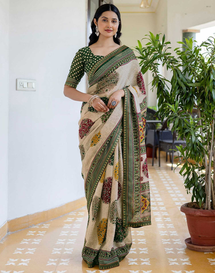 Dusty Beige Georgette Printed Lace Saree