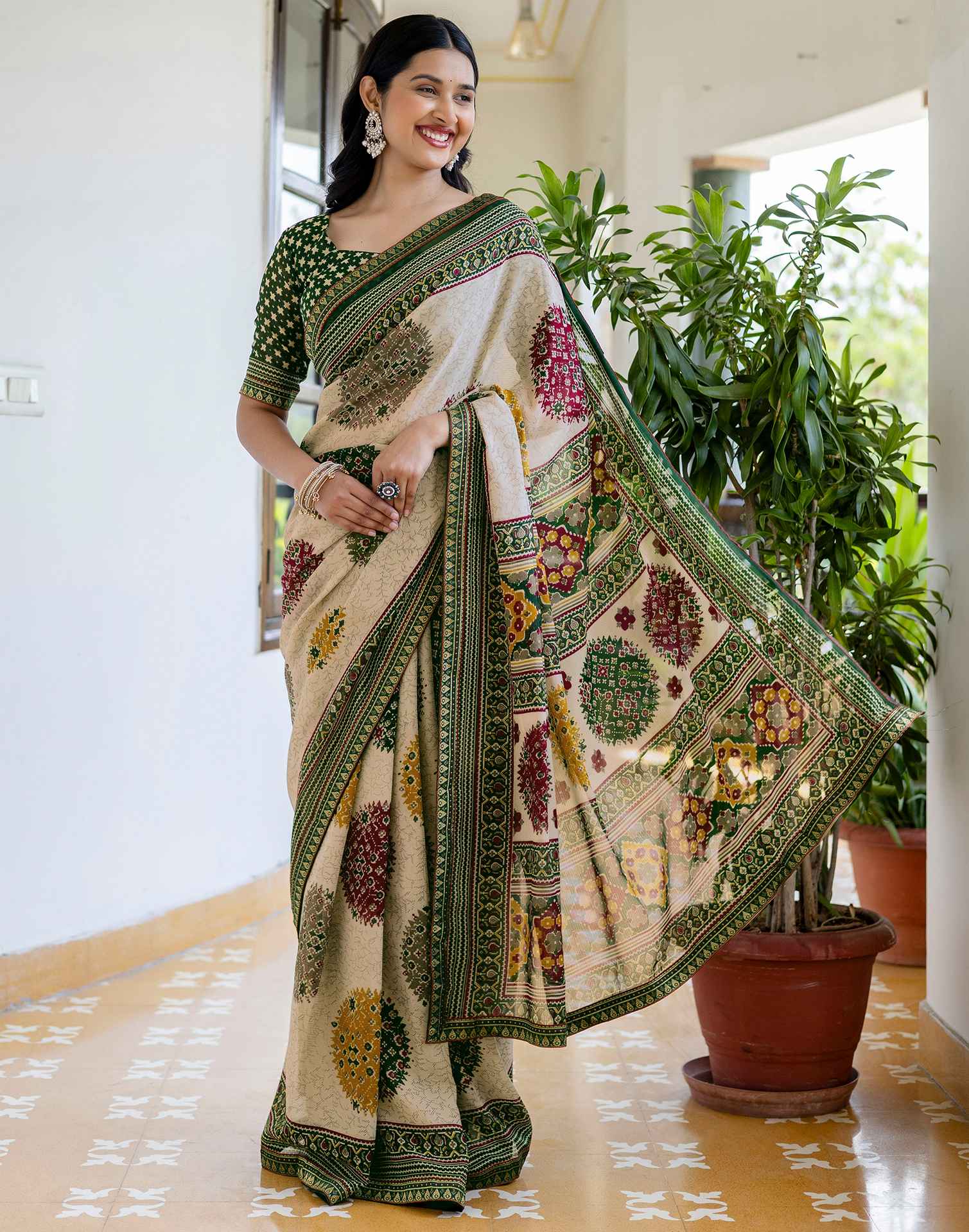 Dusty Beige Georgette Printed Lace Saree