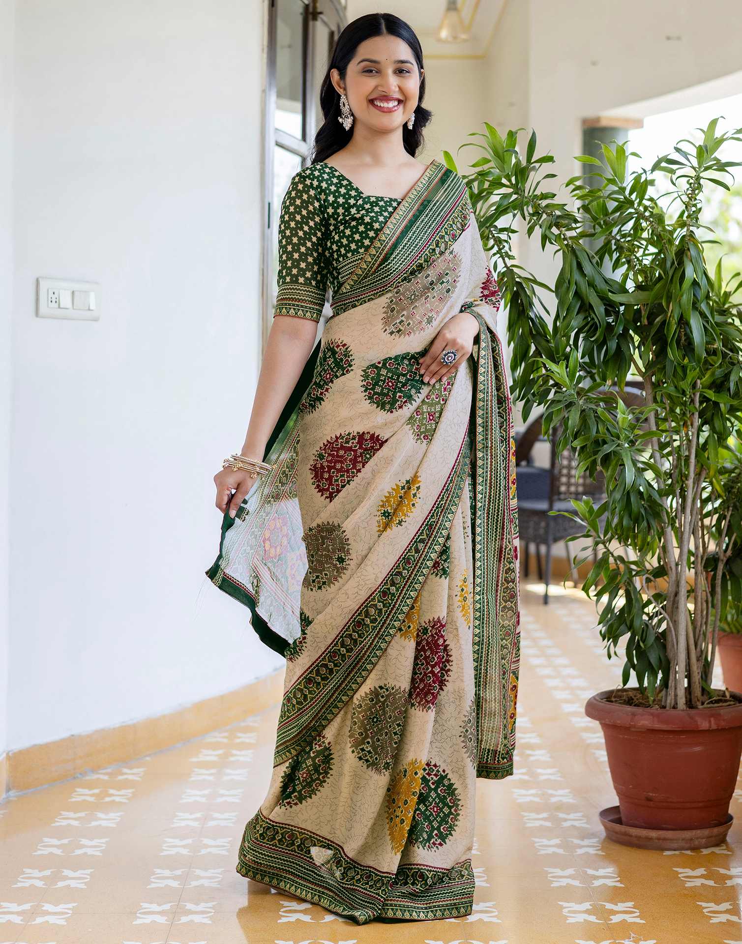 Dusty Beige Georgette Printed Lace Saree