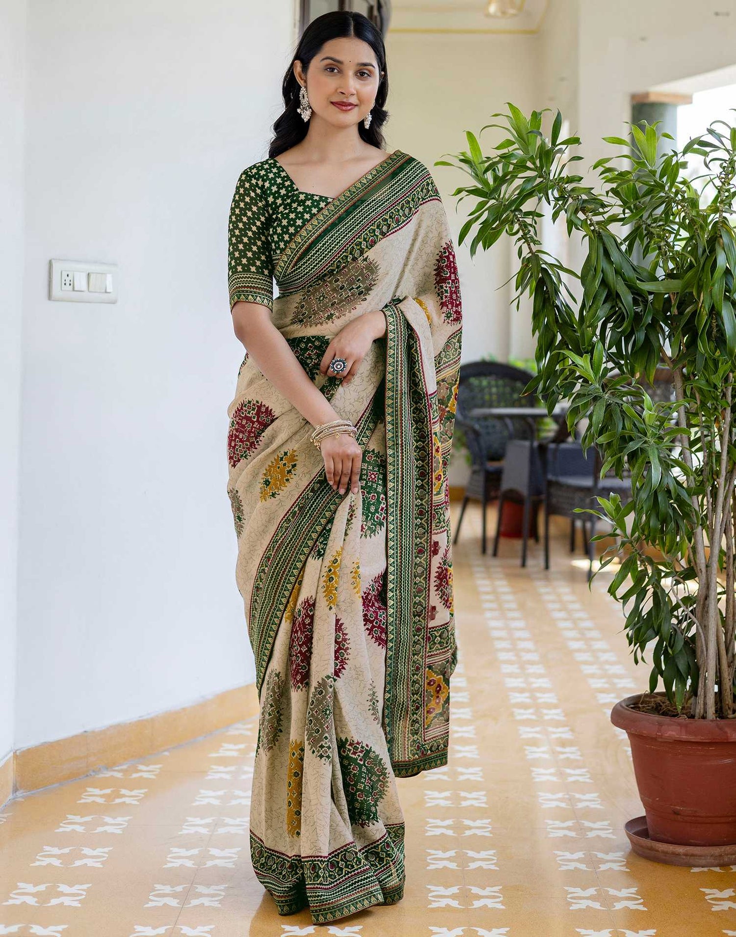 Dusty Beige Georgette Printed Lace Saree