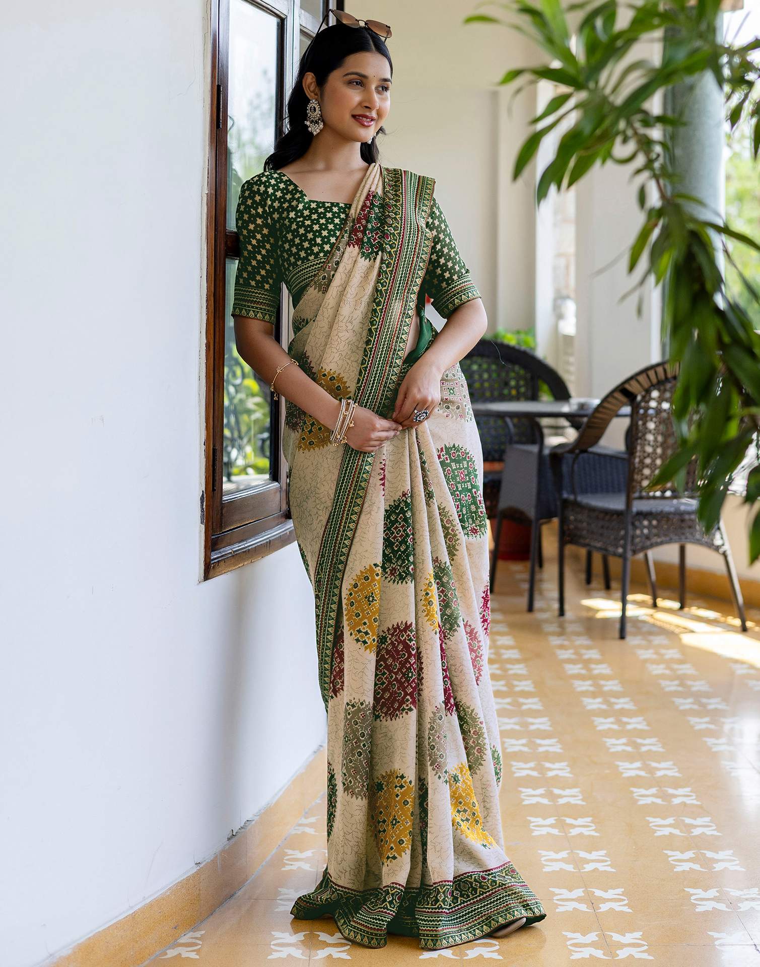 Dusty Beige Georgette Printed Lace Saree