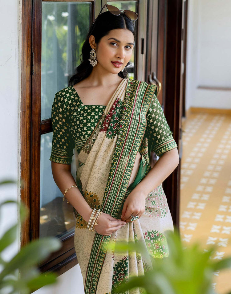 Dusty Beige Georgette Printed Lace Saree