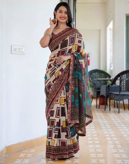 Beige Georgette Printed Lace Saree