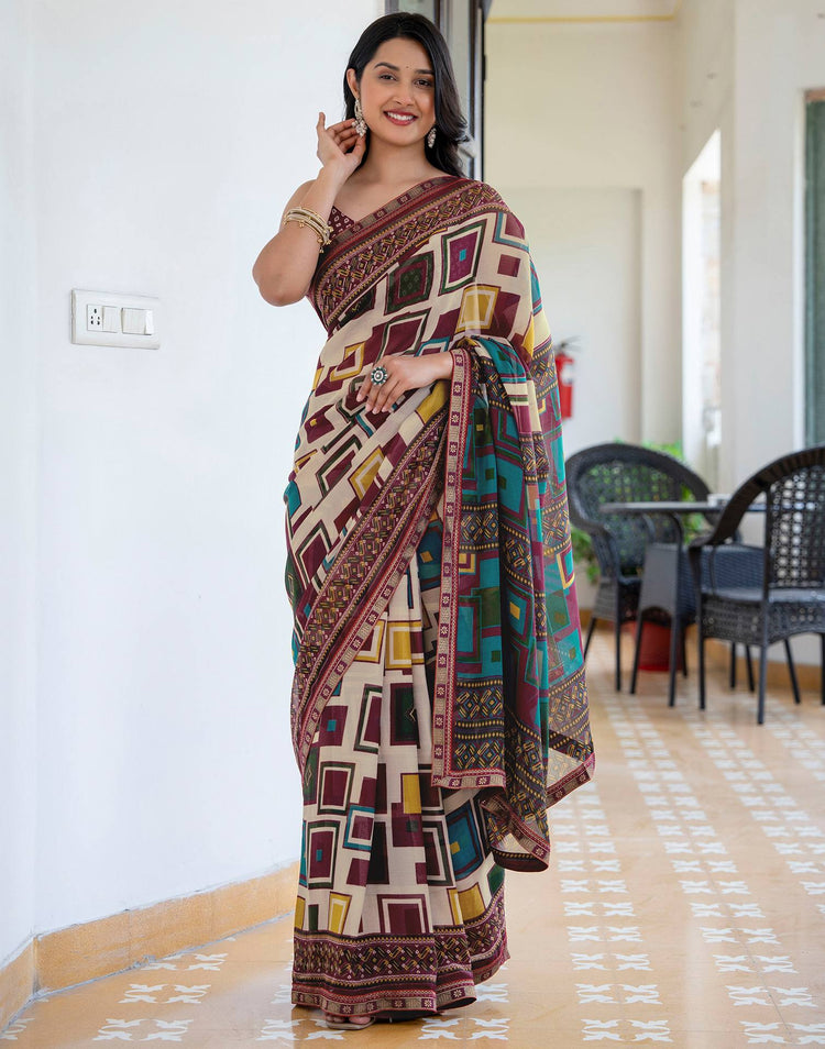 Beige Georgette Printed Lace Saree