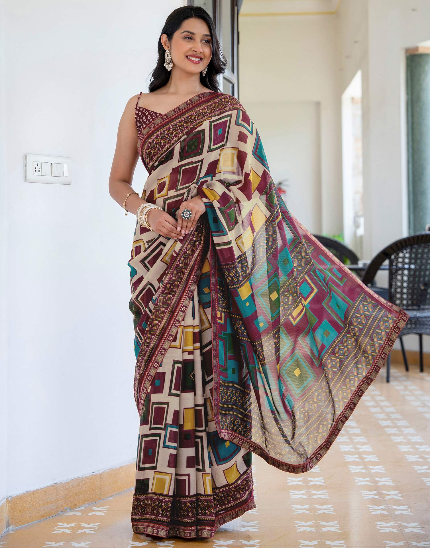 Beige Georgette Printed Lace Saree