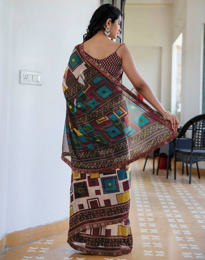 Beige Georgette Printed Lace Saree