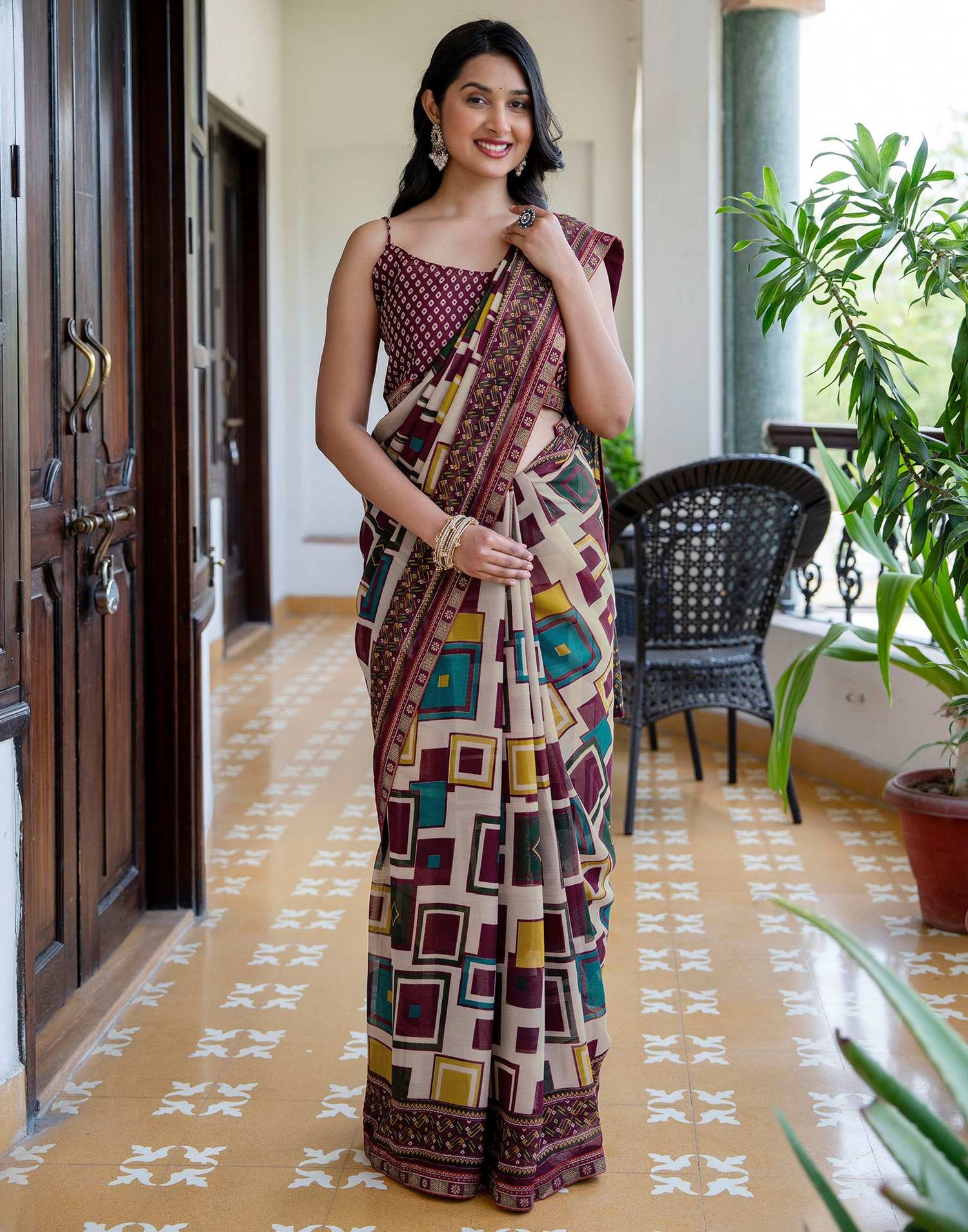 Beige Georgette Printed Lace Saree