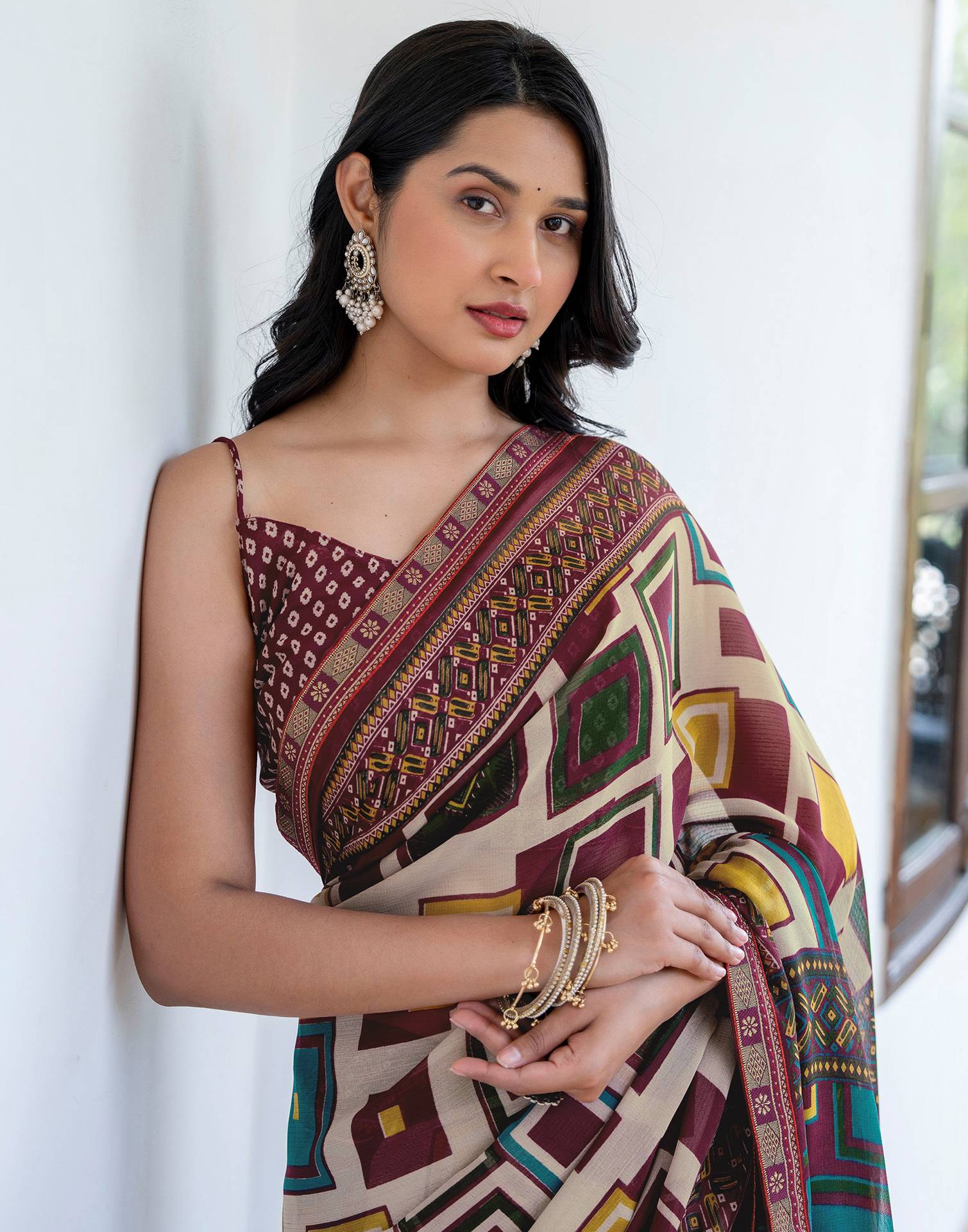 Beige Georgette Printed Lace Saree