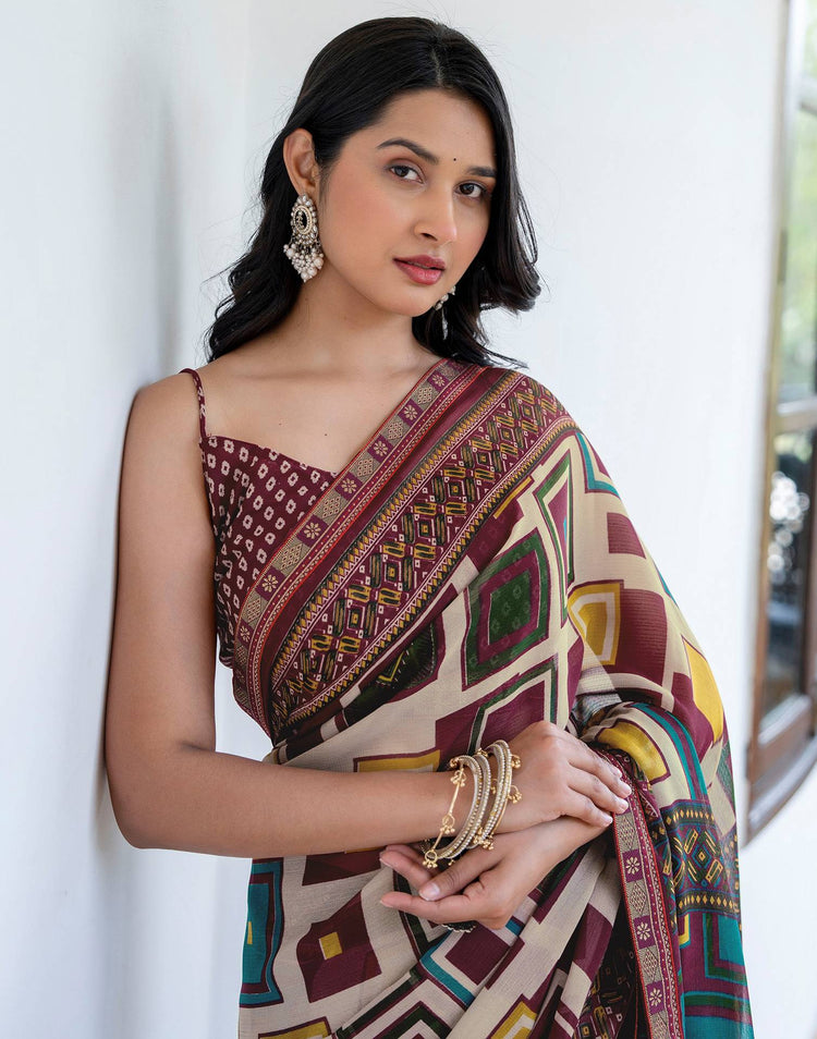 Beige Georgette Printed Lace Saree