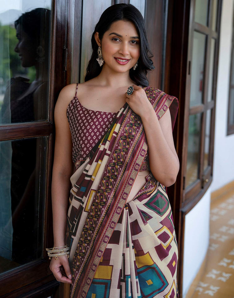 Beige Georgette Printed Lace Saree