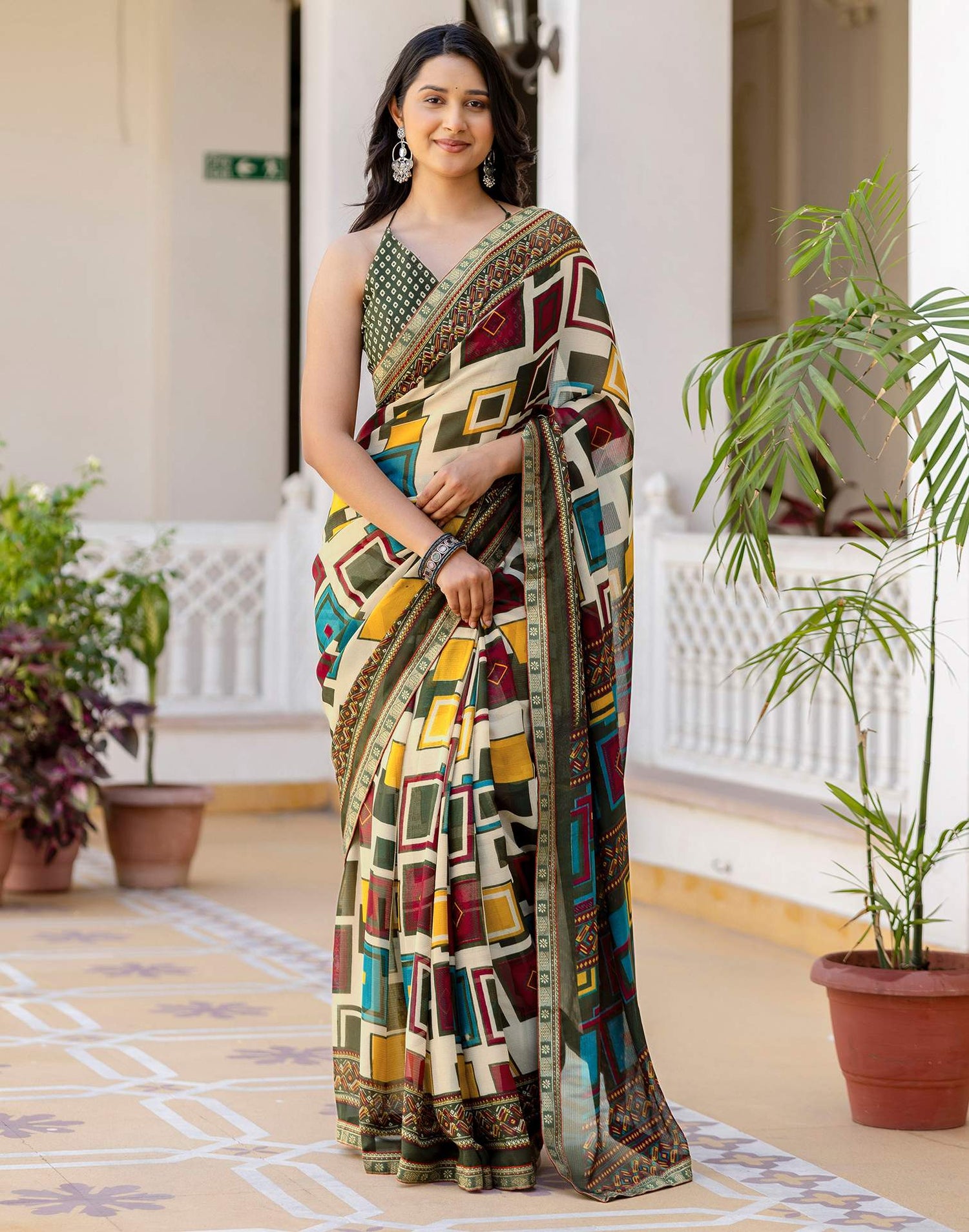 Beige Georgette Printed Lace Saree
