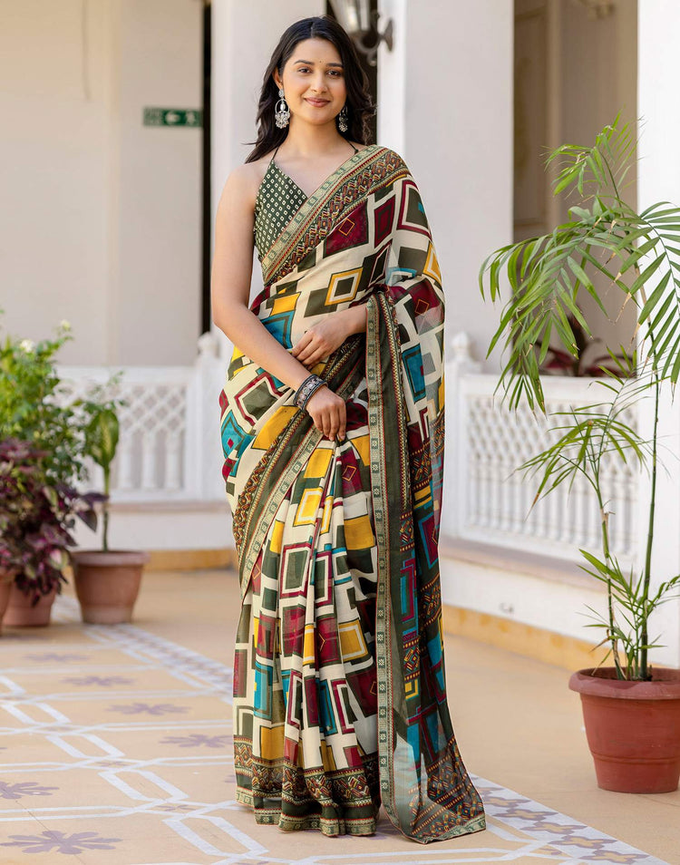 Beige Georgette Printed Lace Saree