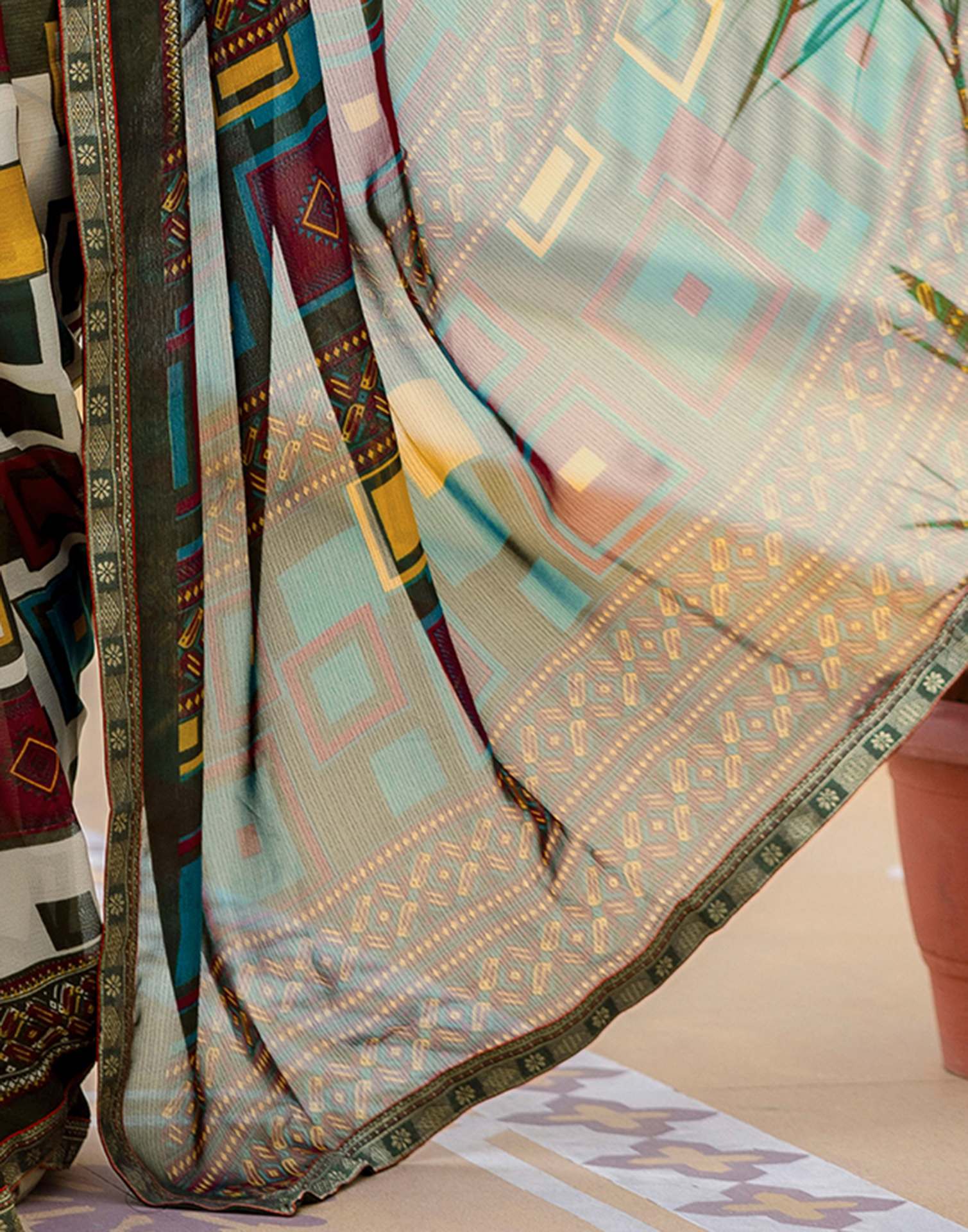 Beige Georgette Printed Lace Saree