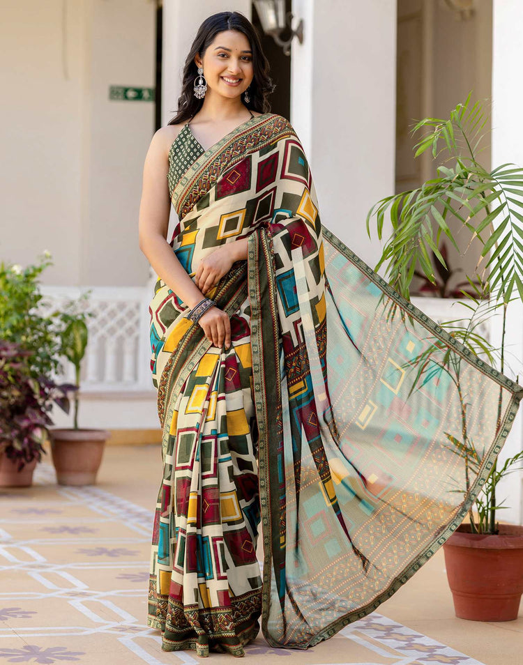 Beige Georgette Printed Lace Saree