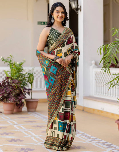 Beige Georgette Printed Lace Saree