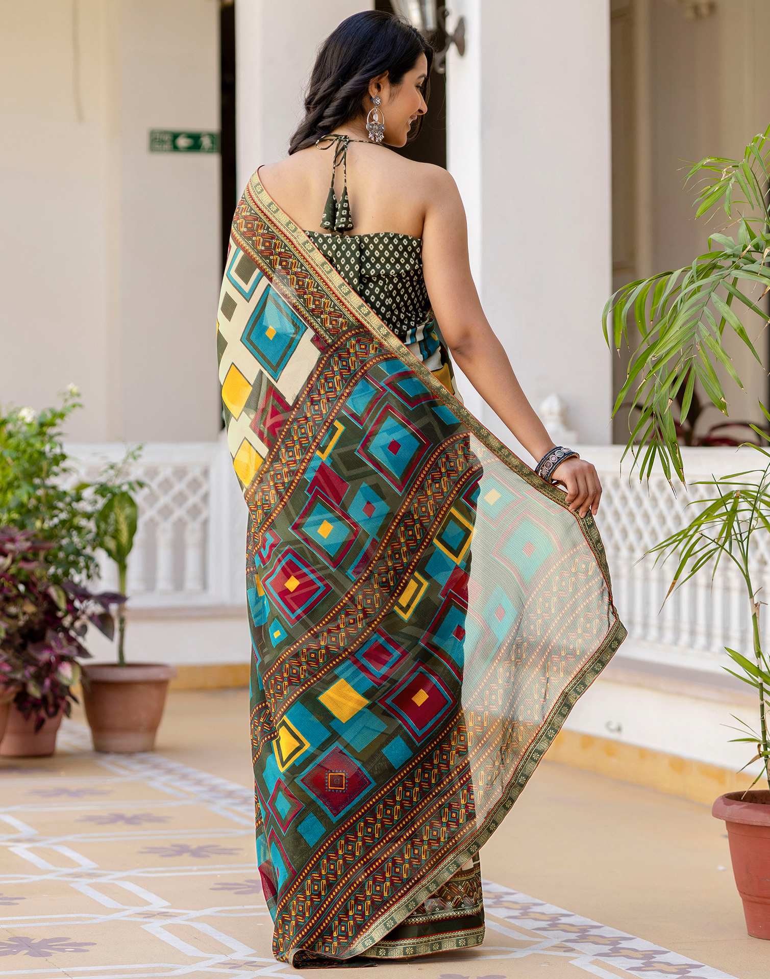 Beige Georgette Printed Lace Saree