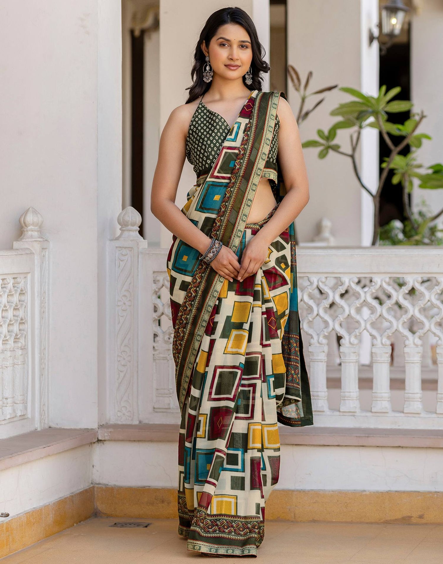Beige Georgette Printed Lace Saree