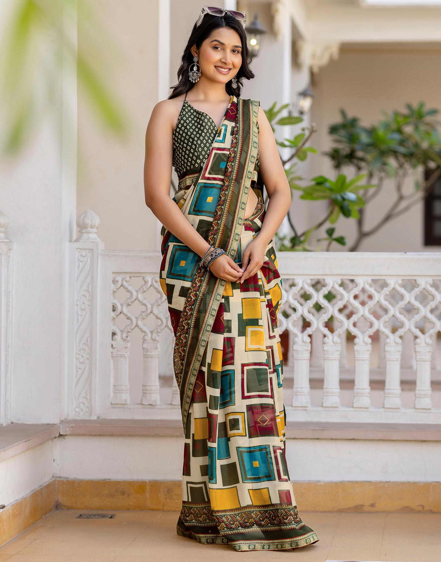 Beige Georgette Printed Lace Saree