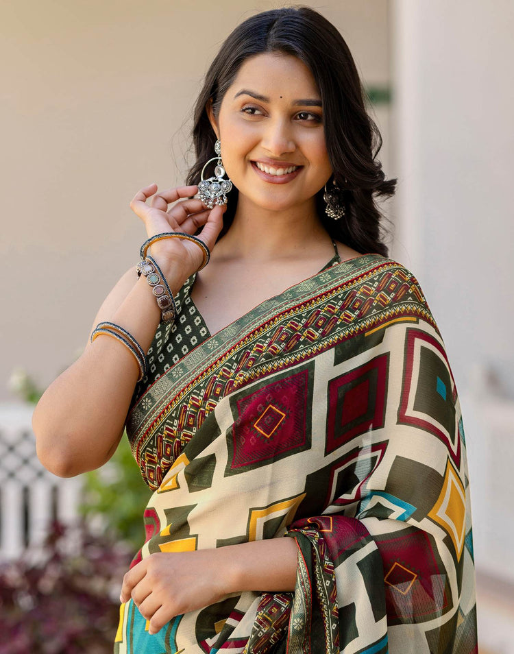 Beige Georgette Printed Lace Saree