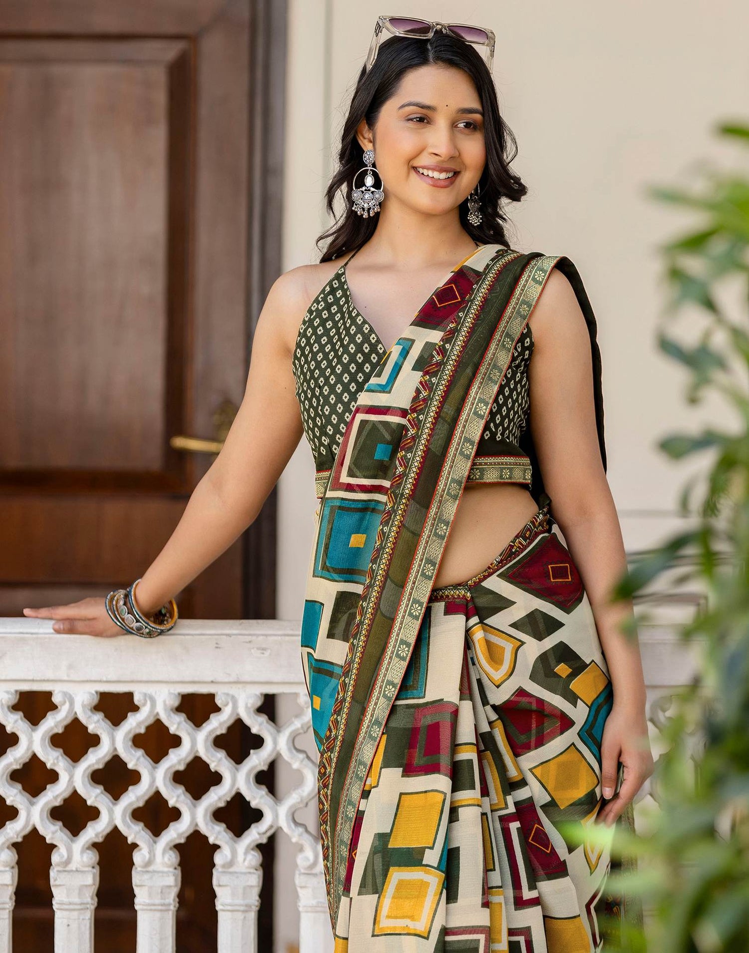 Beige Georgette Printed Lace Saree