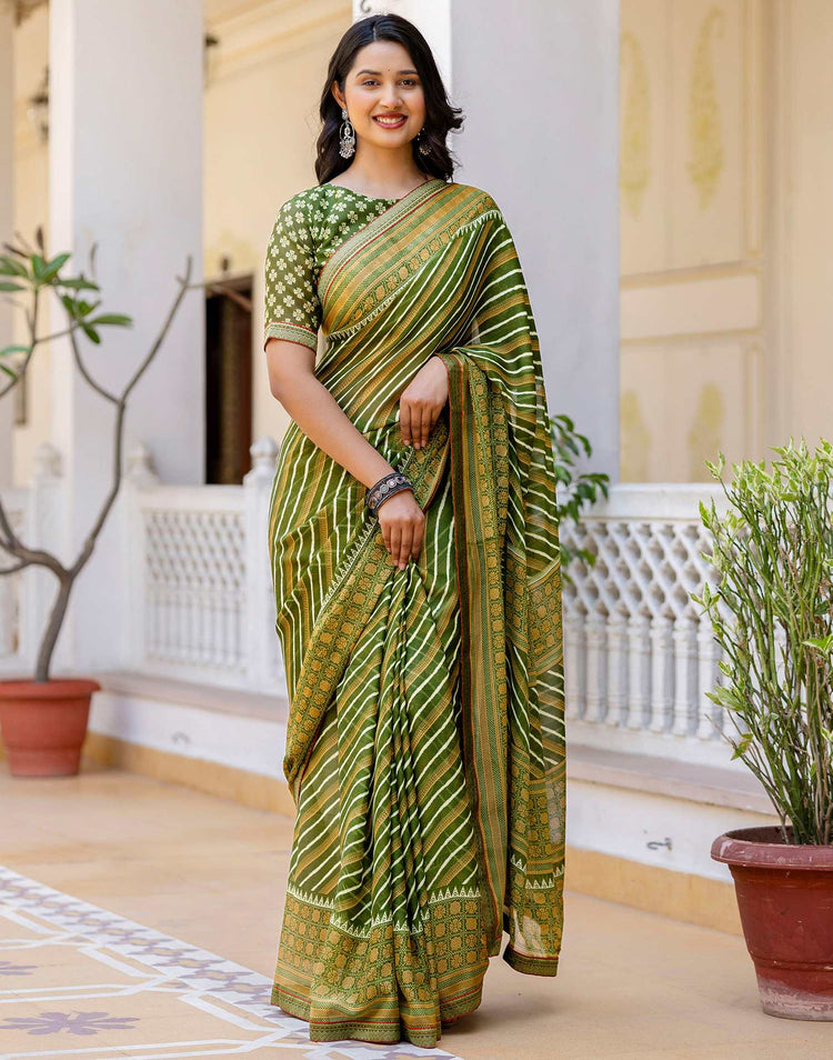 Green Georgette Printed Lace Saree