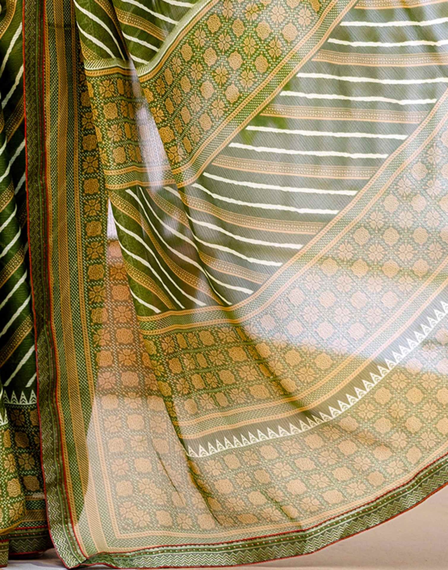 Green Georgette Printed Lace Saree