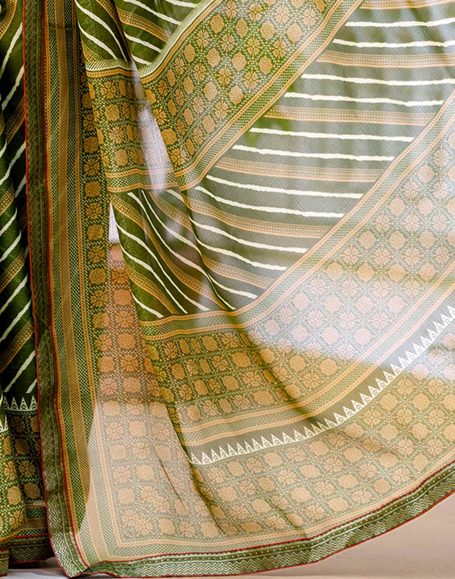 Green Georgette Printed Lace Saree