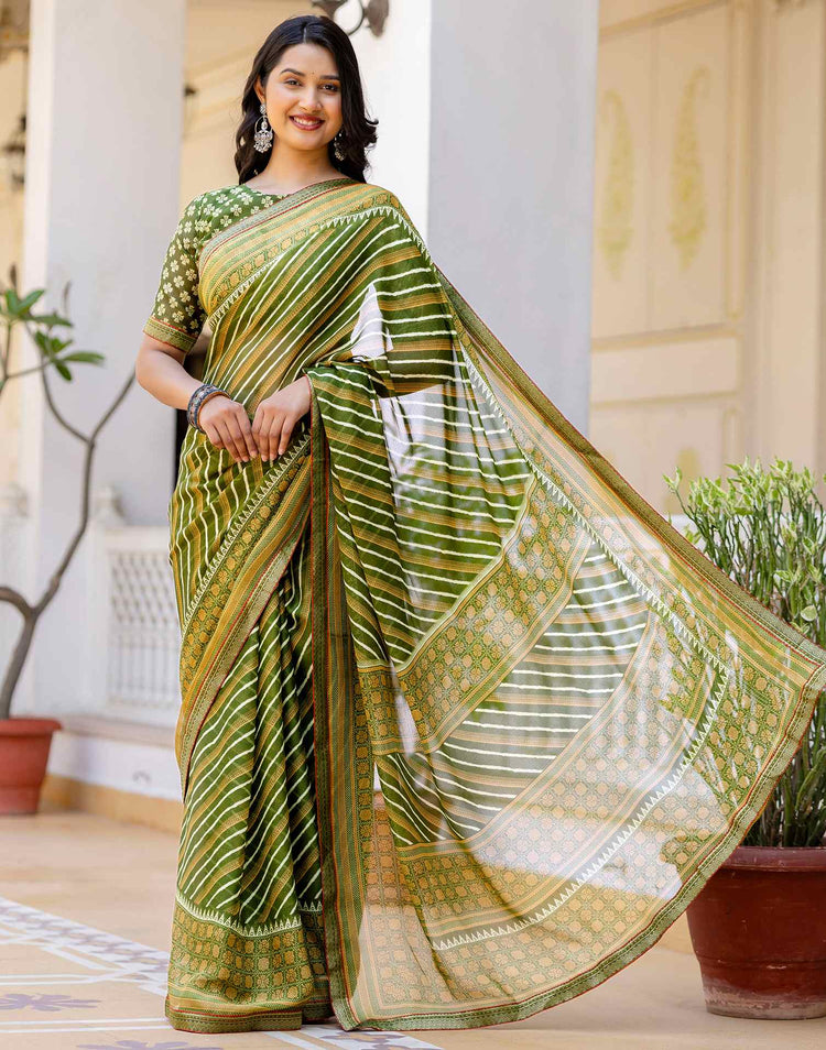 Green Georgette Printed Lace Saree