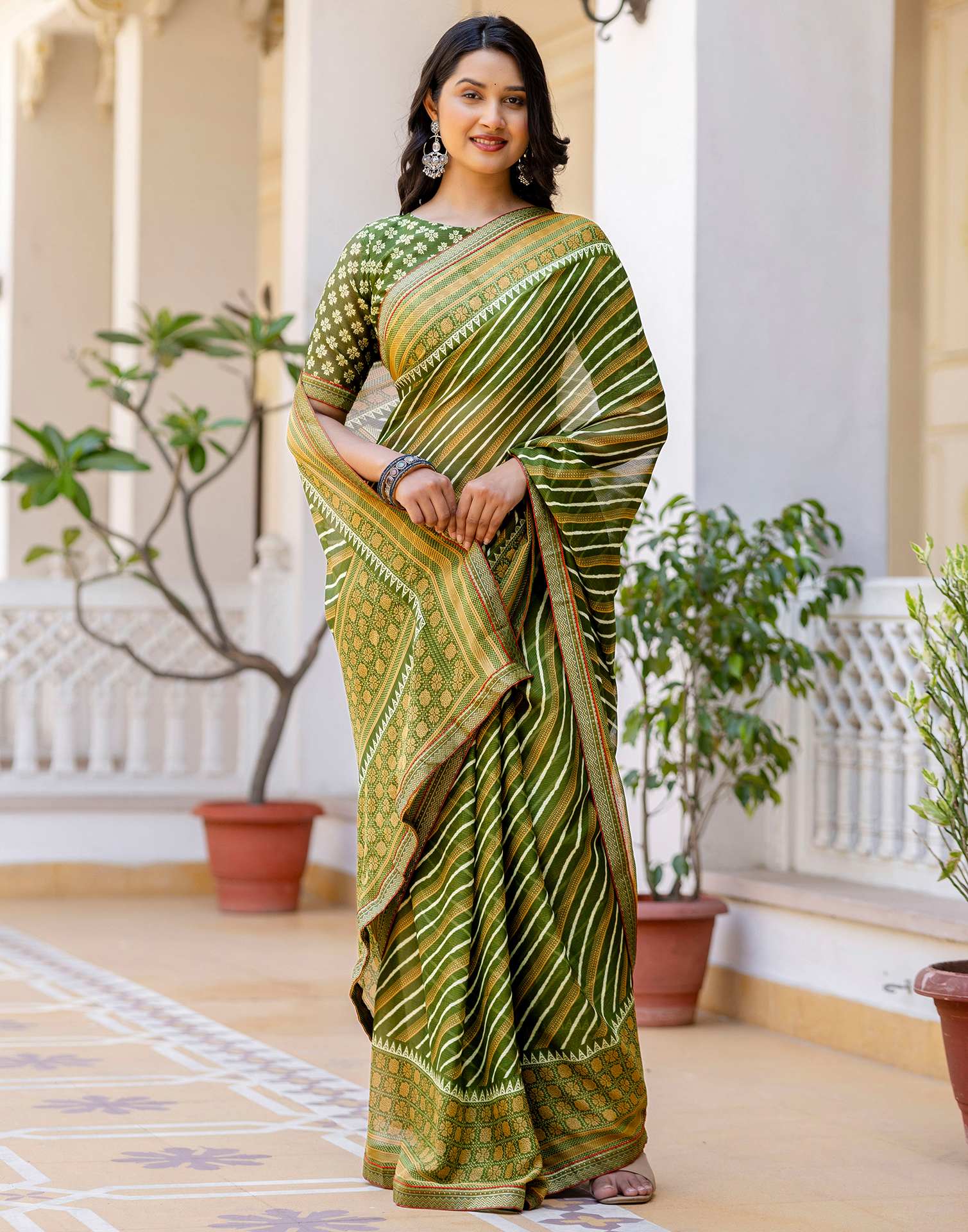 Green Georgette Printed Lace Saree