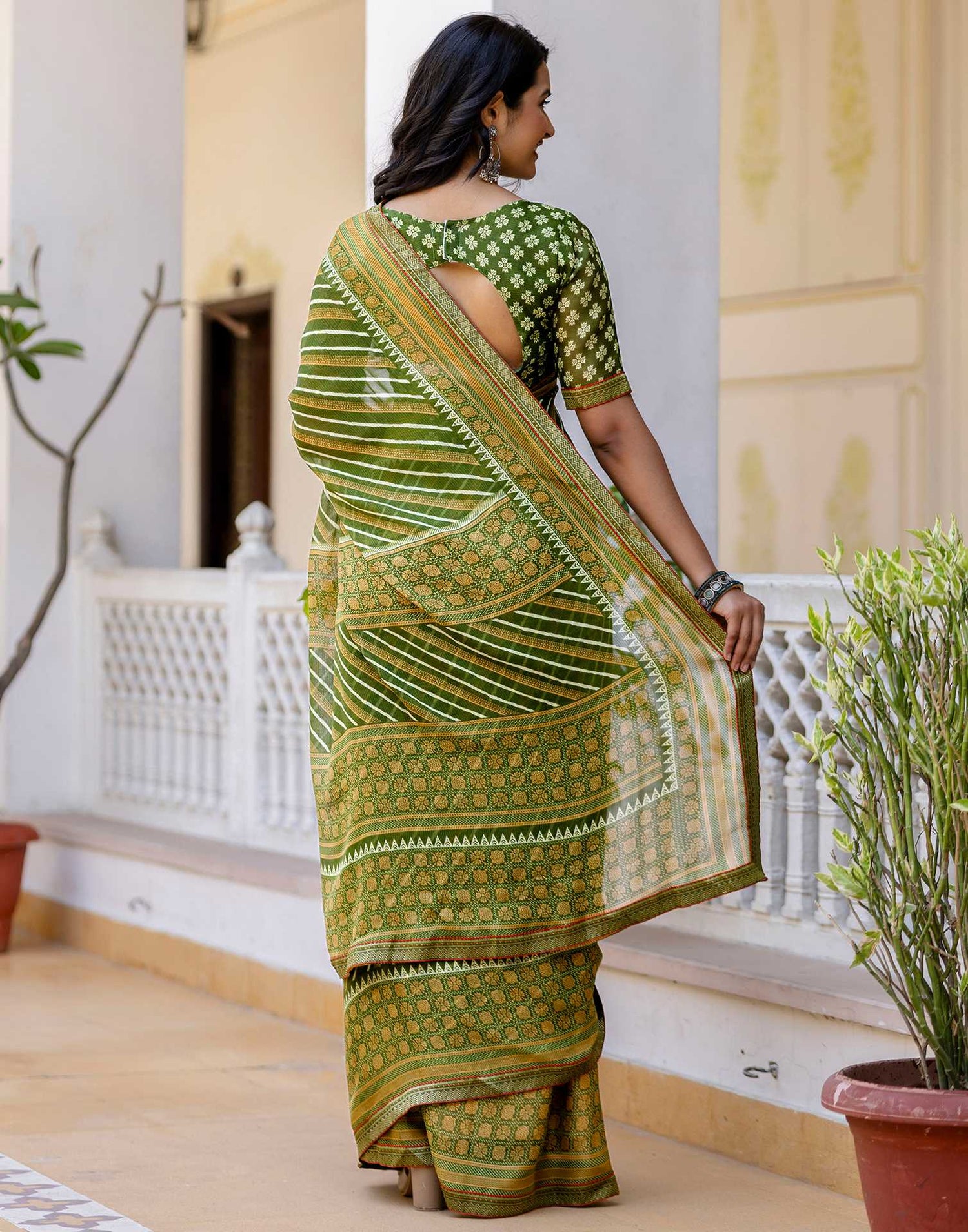Green Georgette Printed Lace Saree