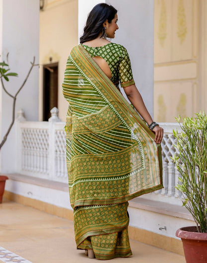 Green Georgette Printed Lace Saree