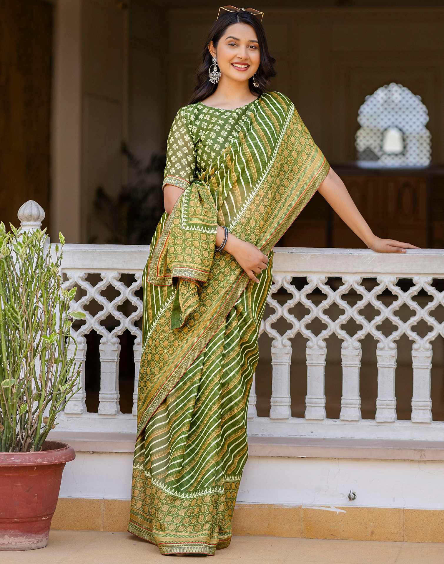 Green Georgette Printed Lace Saree
