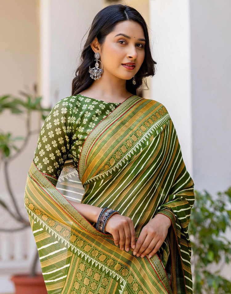 Green Georgette Printed Lace Saree