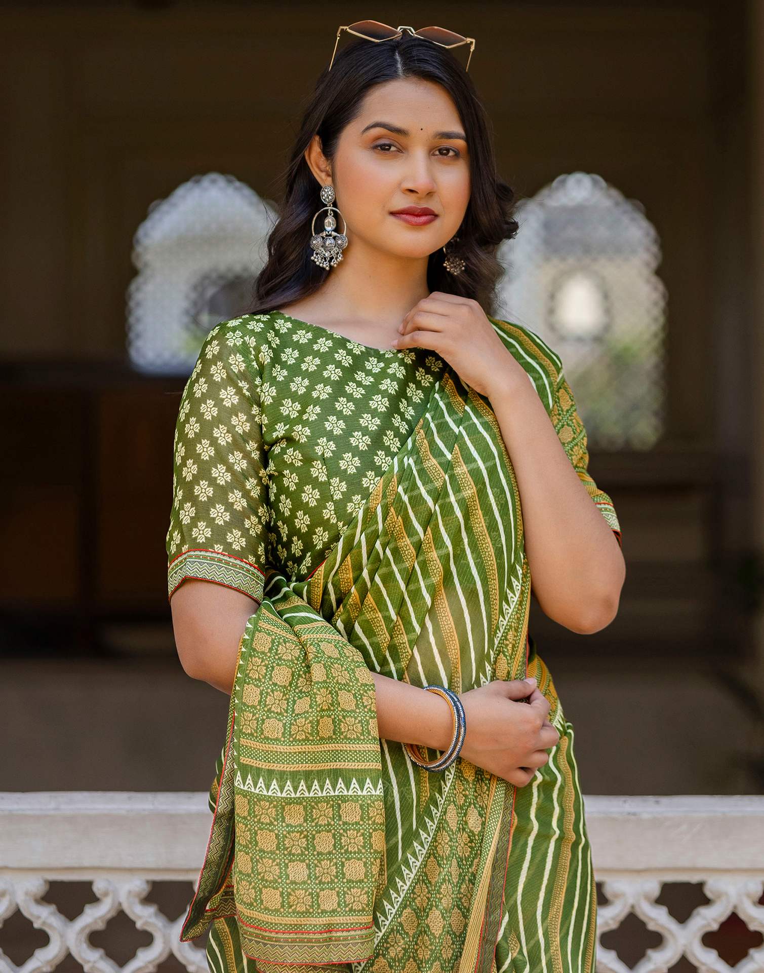 Green Georgette Printed Lace Saree