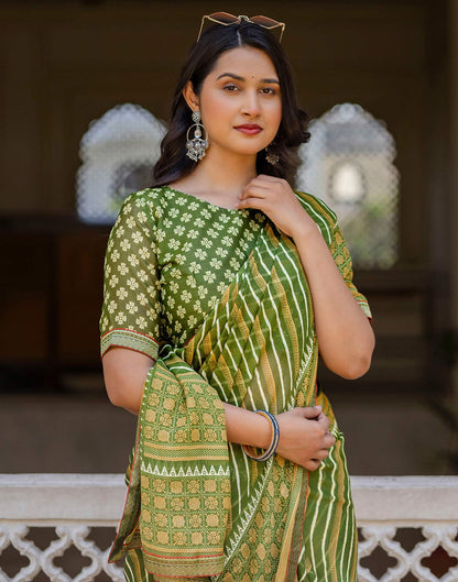 Green Georgette Printed Lace Saree