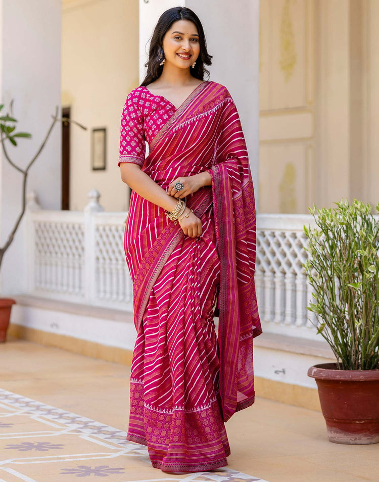 Dark Rani Pink Georgette Printed Lace Saree