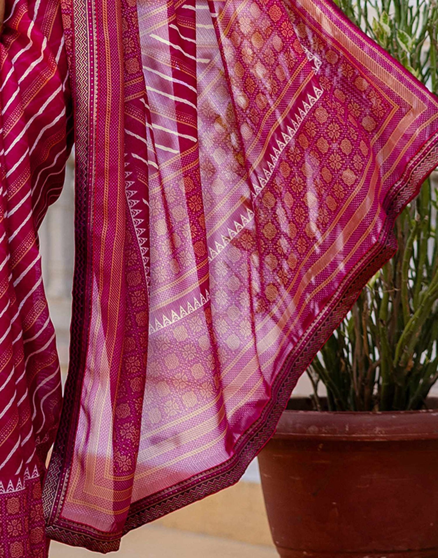 Dark Rani Pink Georgette Printed Lace Saree