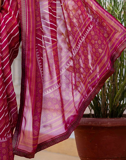Dark Rani Pink Georgette Printed Lace Saree