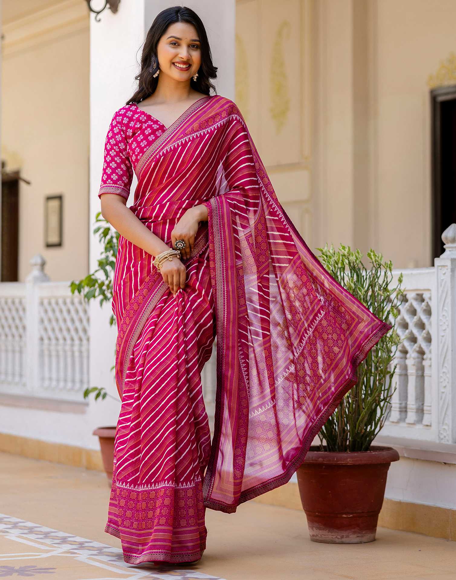 Dark Rani Pink Georgette Printed Lace Saree