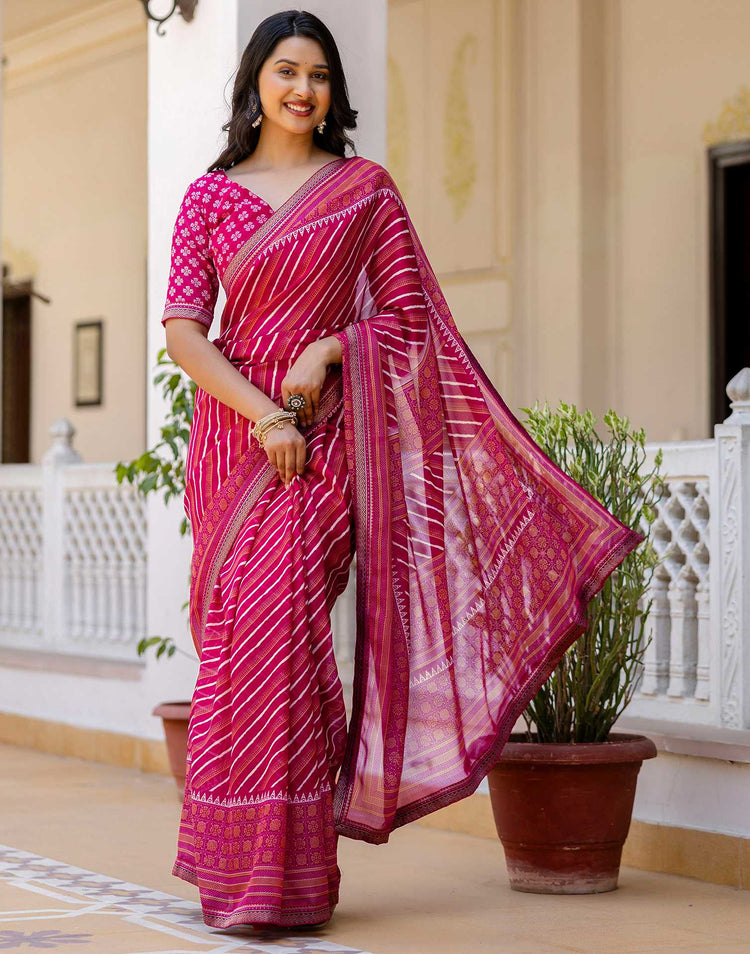 Dark Rani Pink Georgette Printed Lace Saree